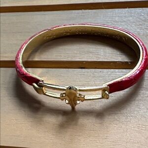 Fleur de Lis Bracelet Leather Red Embossed Gold Plated 24kt
